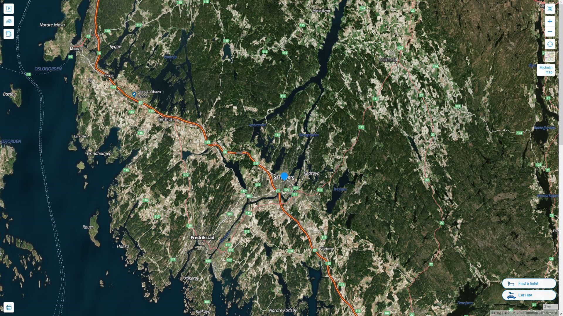 Sarpsborg Norvege Autoroute et carte routiere avec vue satellite